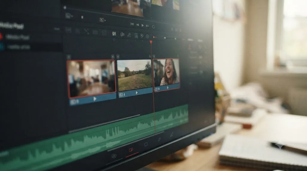 Illustration of a beginner's three-clip practice project timeline in DaVinci Resolve