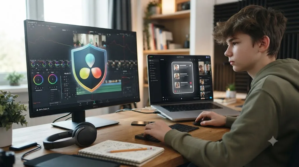 Illustration comparing DaVinci Resolve's standalone desktop app to a social feed-based editing app
