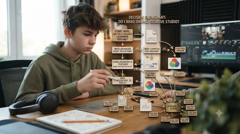 Illustration of a decision flowchart for whether a teenager needs to upgrade to DaVinci Resolve Studio