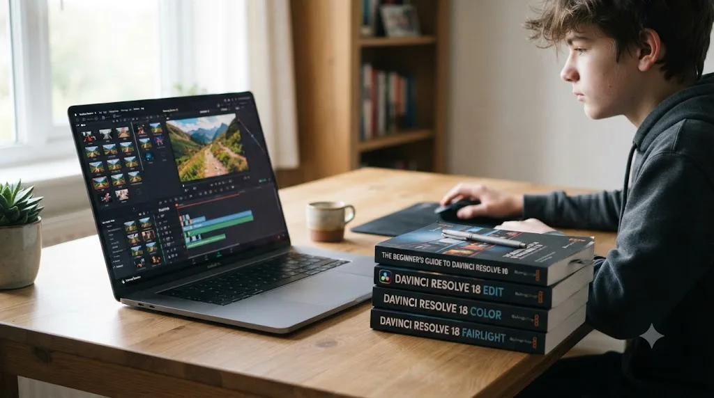 Illustration of Blackmagic Design's free official training books for learning DaVinci Resolve