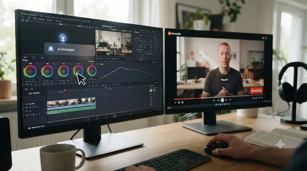 Illustration of an on-screen AI assistant pointing at a DaVinci Resolve control beside a paused course video