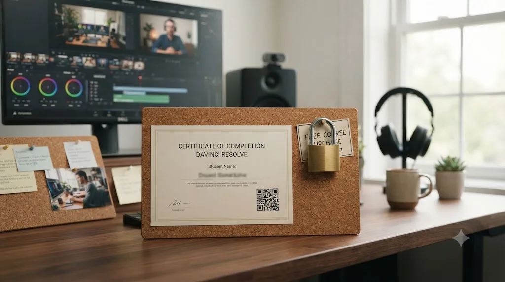 Illustration of a course completion certificate with a QR code beside a locked icon over a direct course purchase