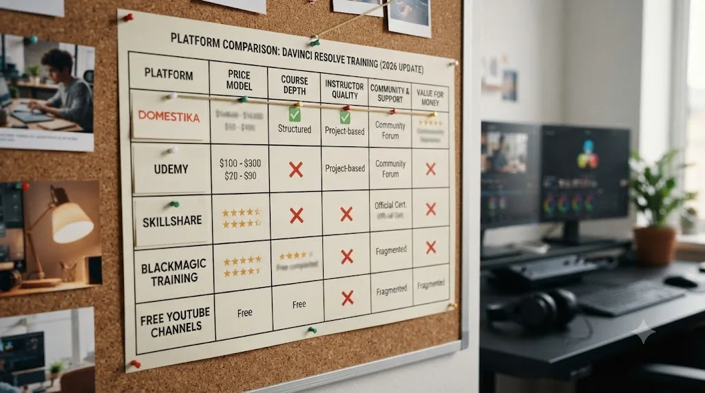 Illustration of a wide comparison chart positioning Domestika against other DaVinci Resolve course platforms