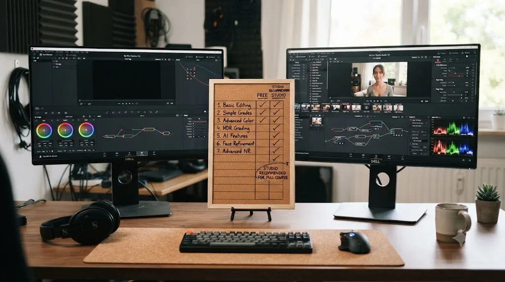 Illustration comparing the free DaVinci Resolve interface with DaVinci Resolve Studio next to a course requirements checklist