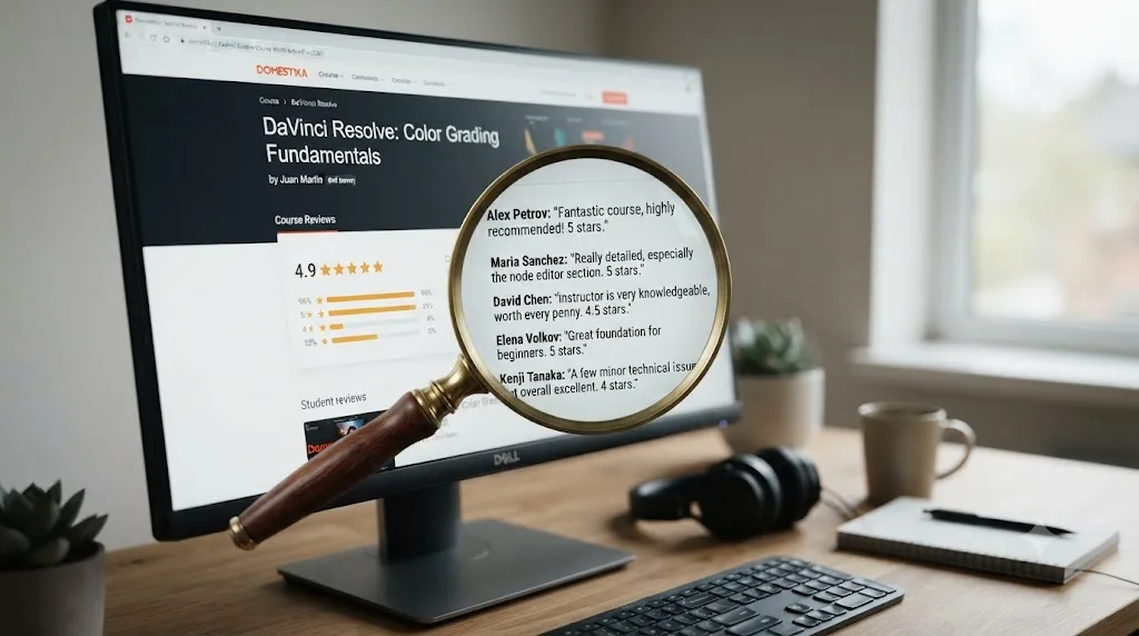 Illustration of a magnifying glass revealing individual named student reviews behind a course's star rating