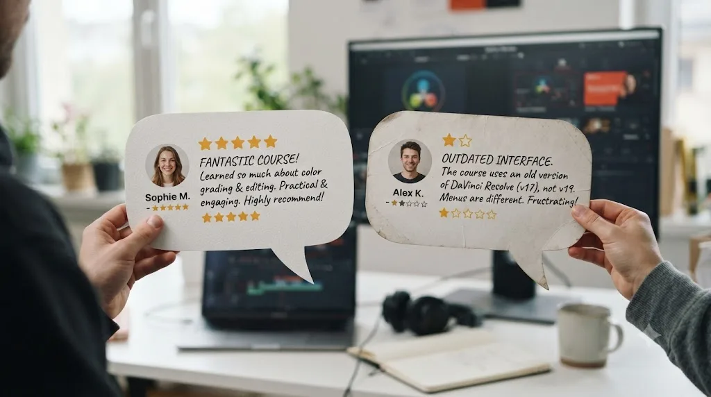 Illustration of two contrasting student review speech bubbles about a Domestika DaVinci Resolve course