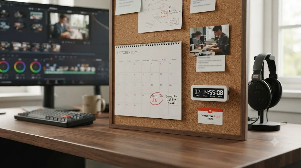 Illustration of a calendar reminder set to cancel a trial subscription before it converts to a paid charge