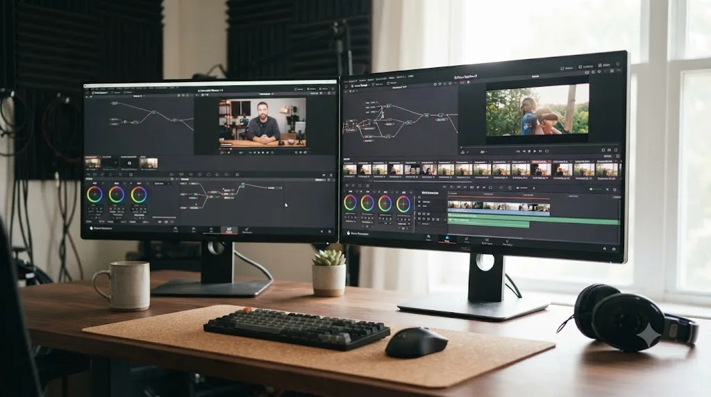Illustration of an older DaVinci Resolve interface shown next to the current DaVinci Resolve 21 interface