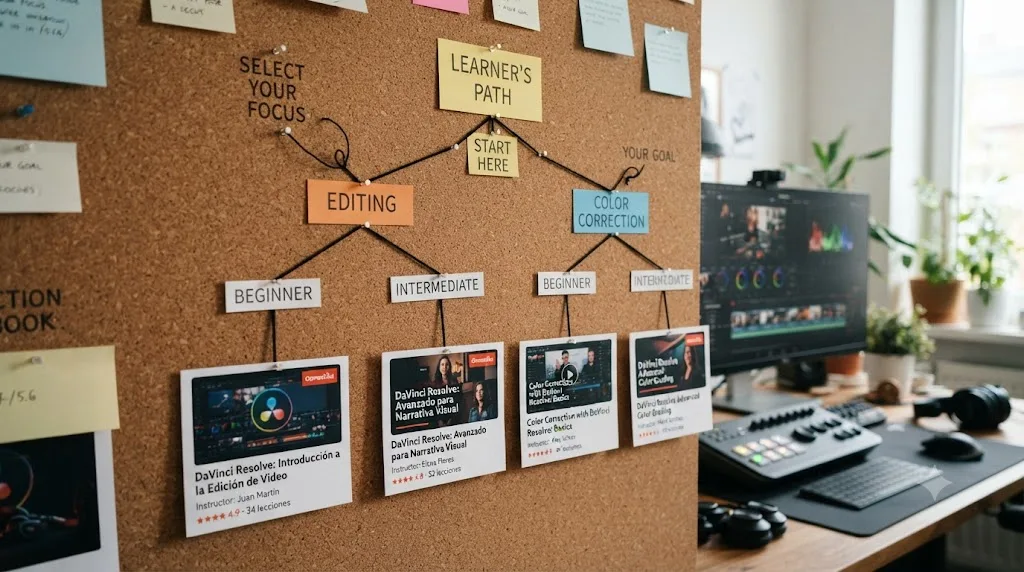 Illustration of a decision tree matching a learner's gap to the right Domestika DaVinci Resolve course