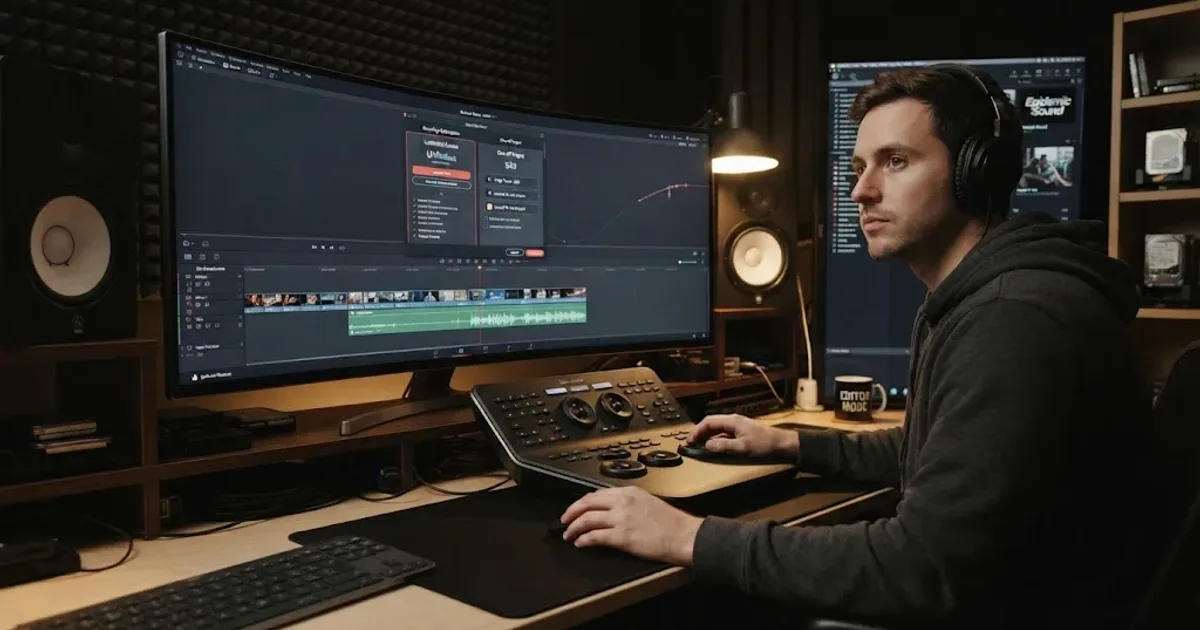 Illustration of a DaVinci Resolve editor evaluating licensed music options