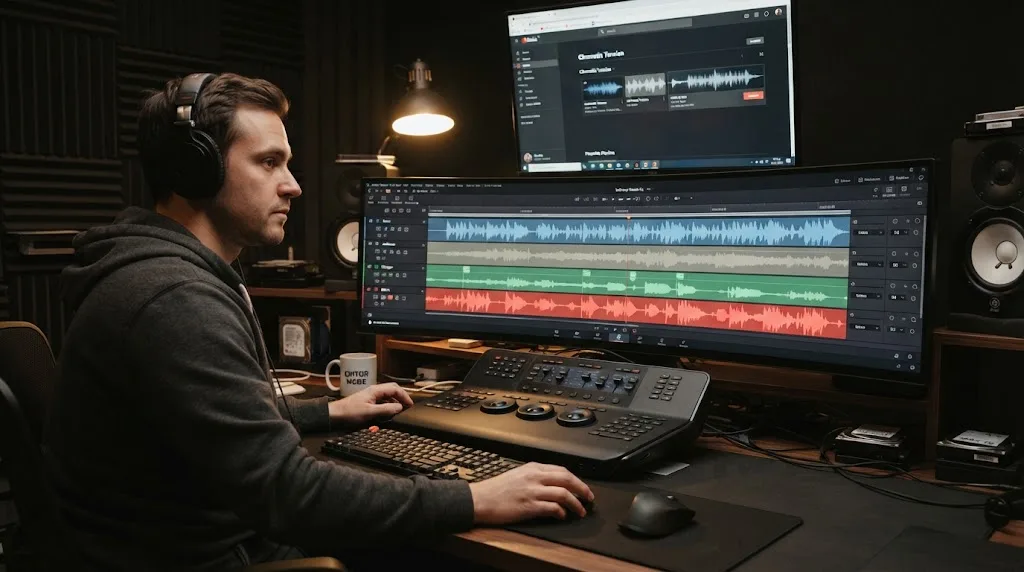 Illustration of layered music and sound effects being balanced for a DaVinci Resolve edit