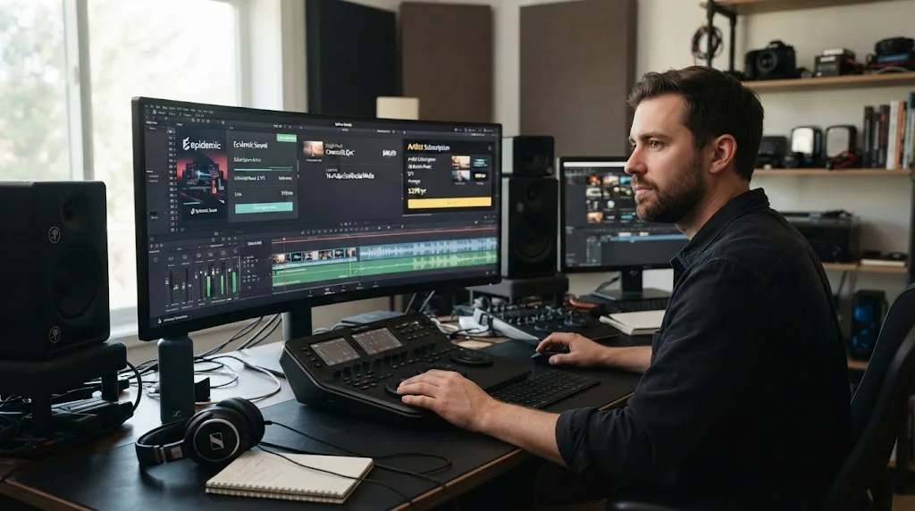 Illustration of a DaVinci Resolve editor choosing between a music subscription, a one-track license, and a broader asset library