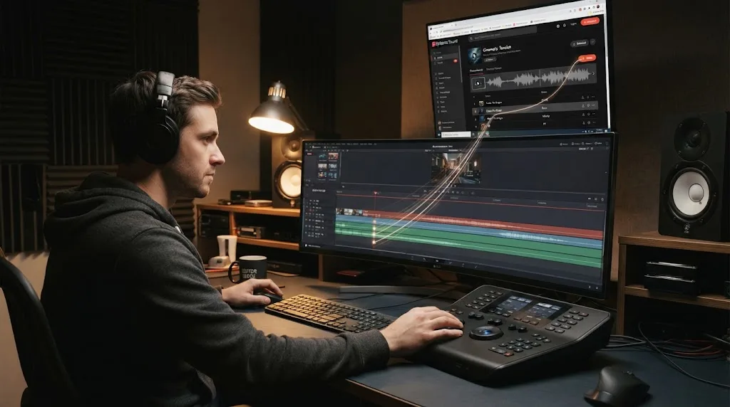 Illustration of the Epidemic Sound workflow moving music and stems into a DaVinci Resolve timeline