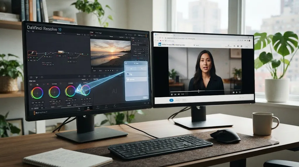 Illustration of an on-screen AI assistant pointing at a DaVinci Resolve control beside a paused course video on a second monitor