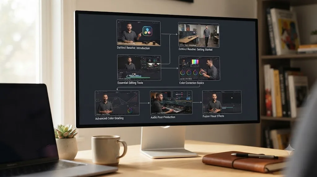 Illustration of seven DaVinci Resolve course thumbnails arranged as a single instructor's curriculum map