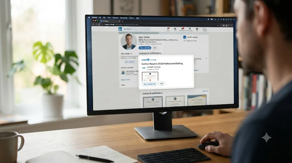 Illustration of a LinkedIn profile page with a course completion certificate added to the certifications section