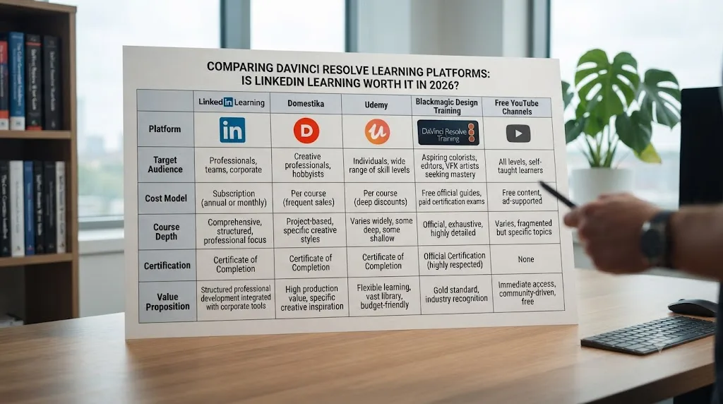 Illustration of a wide comparison chart positioning LinkedIn Learning against other DaVinci Resolve course platforms