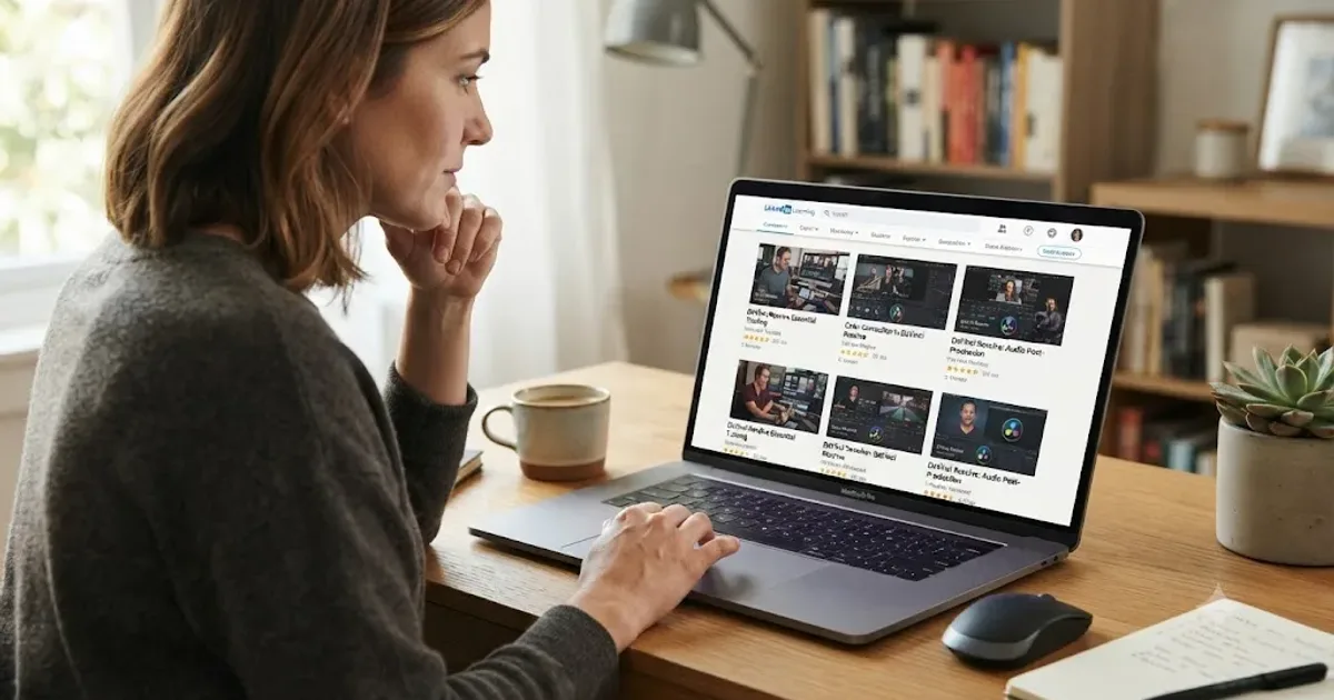 Illustration of a person comparing several LinkedIn Learning DaVinci Resolve course listings on a laptop screen