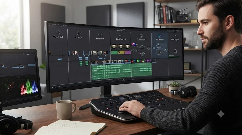 Illustration of a single practice project timeline progressing through editing stages to final export