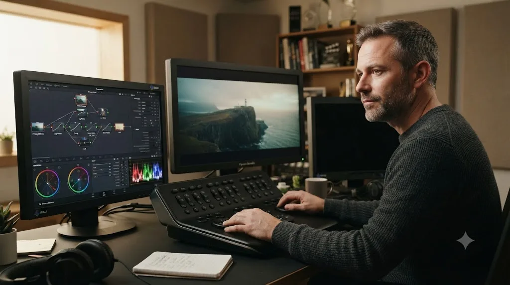 Illustration of a colorist working at a grading suite with color scopes on a secondary monitor