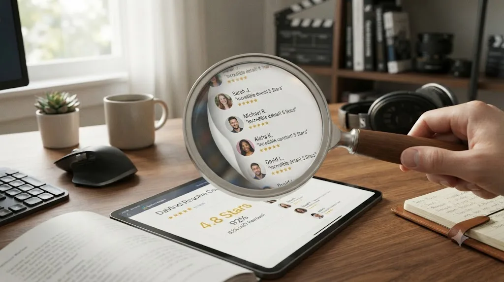 Illustration of a magnifying glass revealing individual named reviewer profiles behind a course's star rating