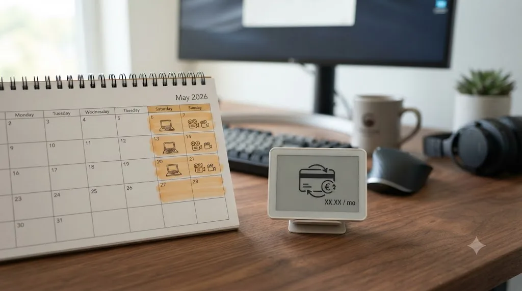 Illustration of a calendar with weekend study blocks next to a recurring subscription billing icon