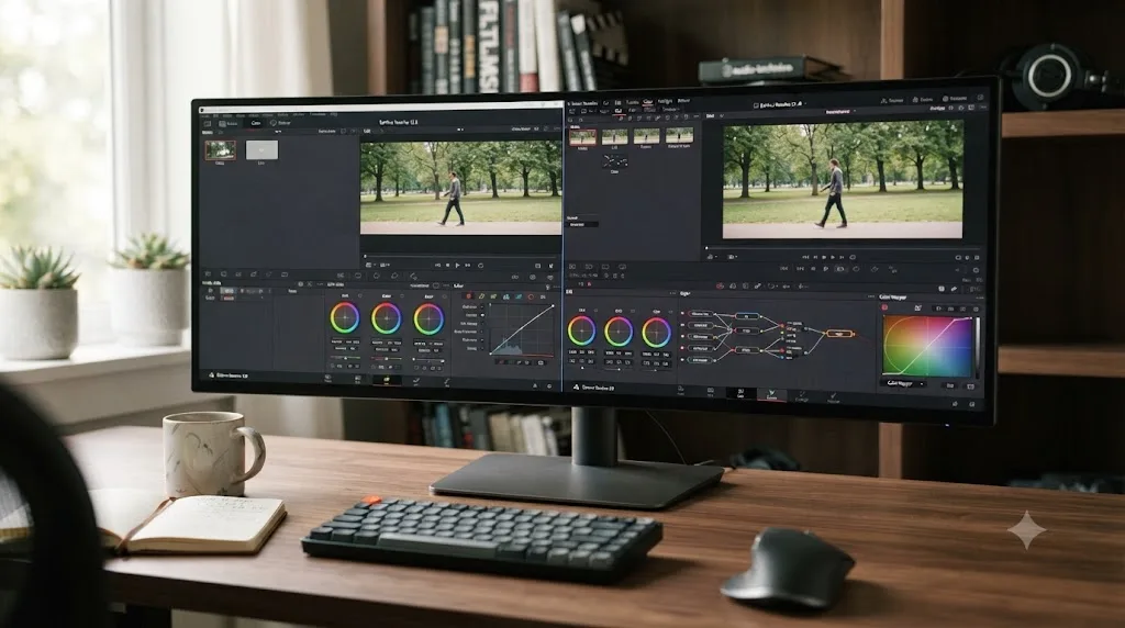 Illustration of an older DaVinci Resolve interface shown next to the current DaVinci Resolve 21 interface