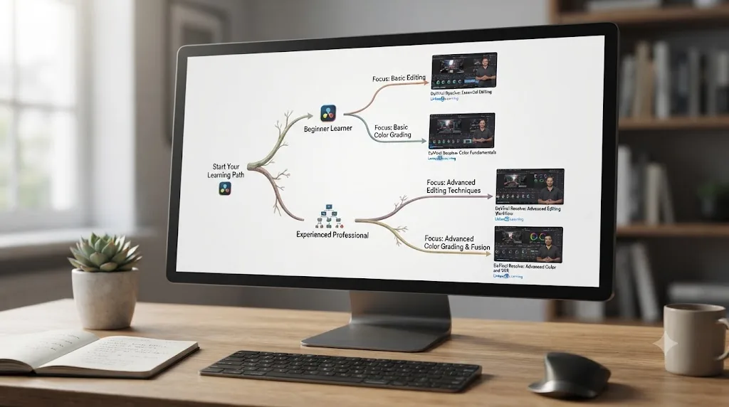 Illustration of a decision tree matching a learner's gap to the right LinkedIn Learning DaVinci Resolve course