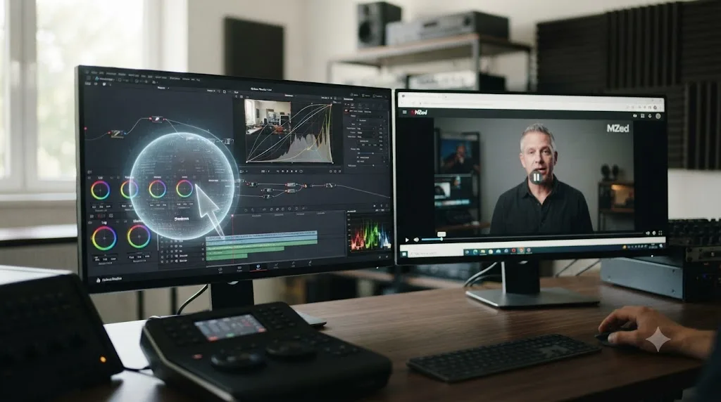 Illustration of an on-screen AI assistant pointing at a DaVinci Resolve control beside a paused course video