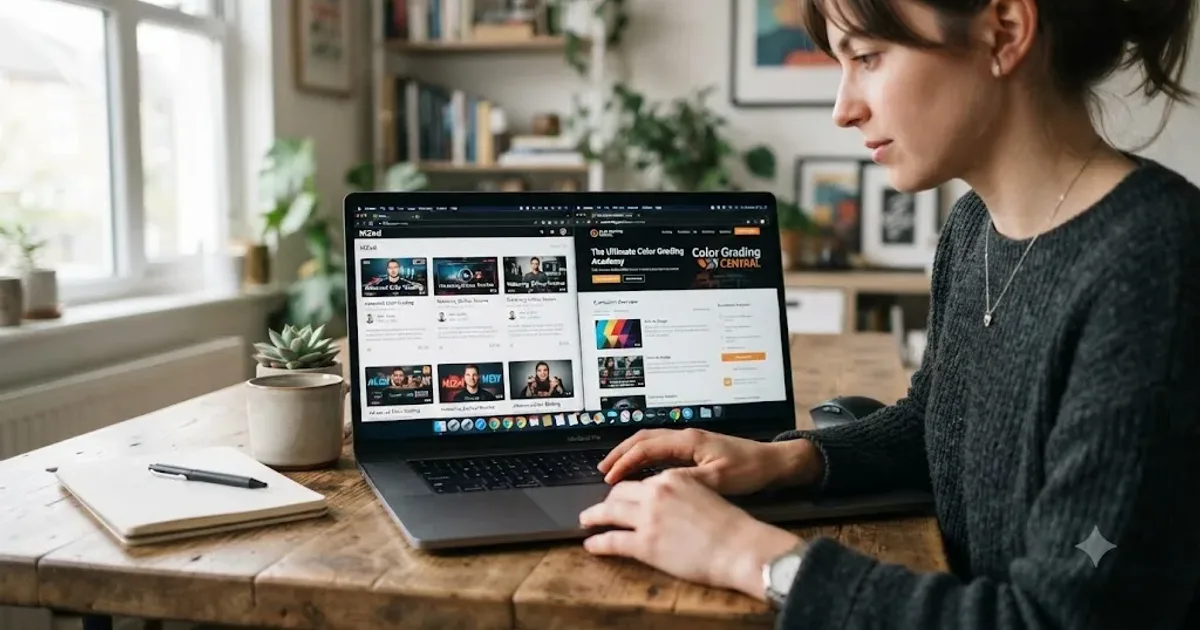 Illustration of a person comparing MZed and Color Grading Central course pages side by side on a laptop screen