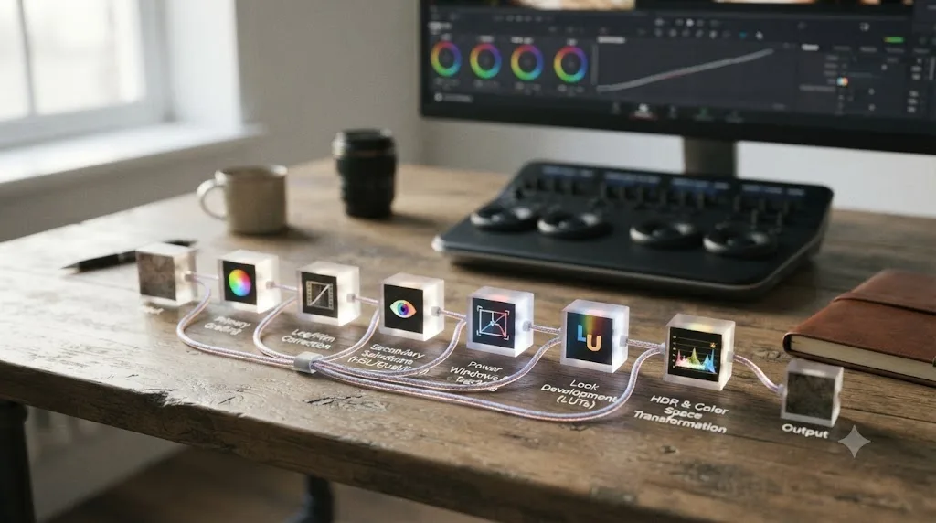 Illustration of a node tree diagram labeled with advanced color correction course topics