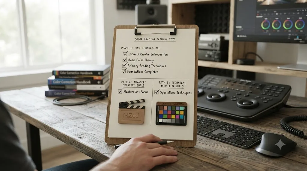Illustration of a checklist showing free training first, then a fork toward two different paid course platforms