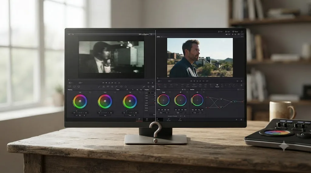 Illustration of an older DaVinci Resolve interface shown next to the current interface with an unlabeled recording date