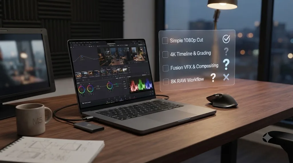 Illustration of a checklist showing which DaVinci Resolve project types suit the base M5 MacBook Pro