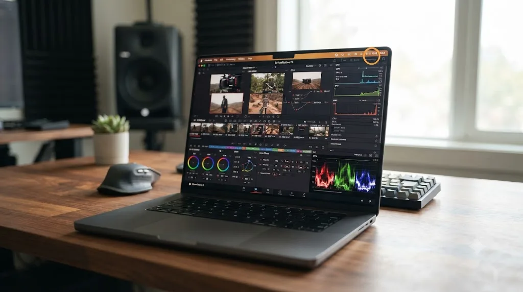 Illustration of an M5 MacBook Pro running DaVinci Resolve with a battery icon showing reduced runtime under heavy editing load