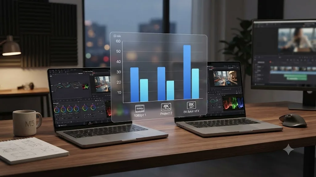 Illustration of a bar chart comparing DaVinci Resolve Studio export speed between the base M5 and M5 Pro MacBook Pro