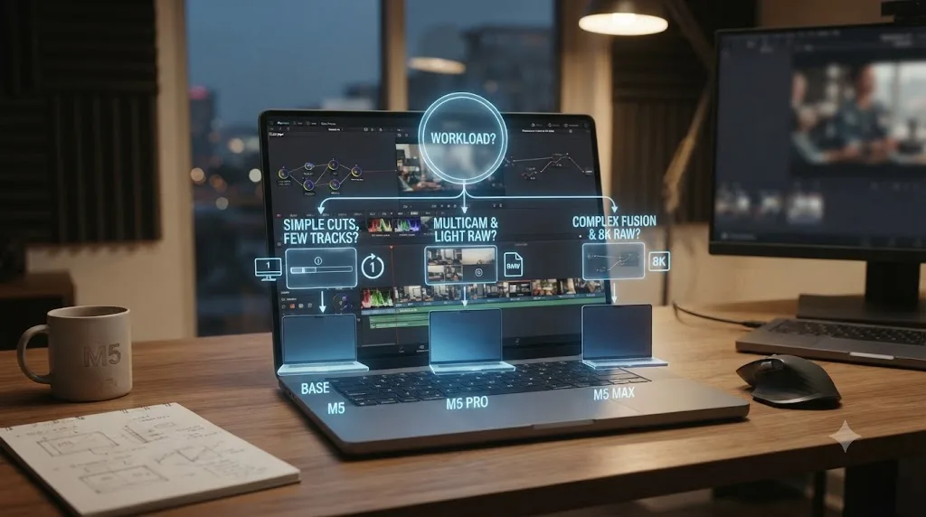 Illustration of a decision tree guiding buyers between base M5, M5 Pro, and M5 Max MacBook Pro for DaVinci Resolve