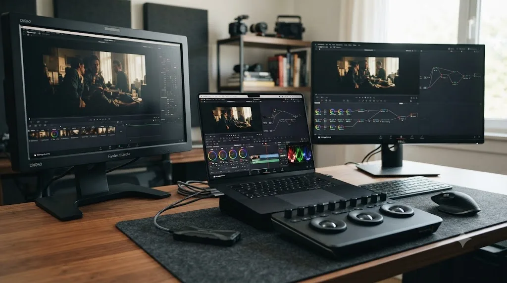 Illustration of an M5 MacBook Pro connected to multiple external monitors and a fast external SSD on a colorist's grading desk