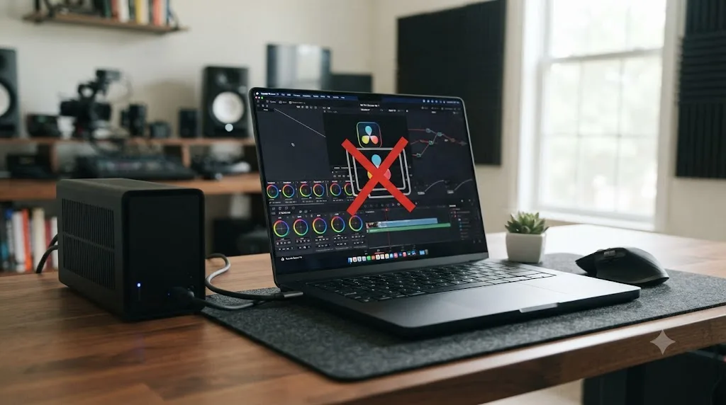 Illustration of an external GPU connected to an M5 MacBook Pro, showing that graphics acceleration is not available