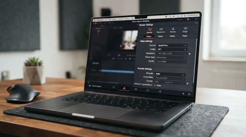 Illustration of the DaVinci Resolve Deliver page export settings with the hardware encoder set to Auto on an M5 MacBook Pro