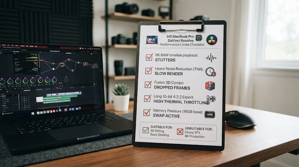 Illustration of a checklist highlighting the honest limits of an M5 MacBook Pro for DaVinci Resolve