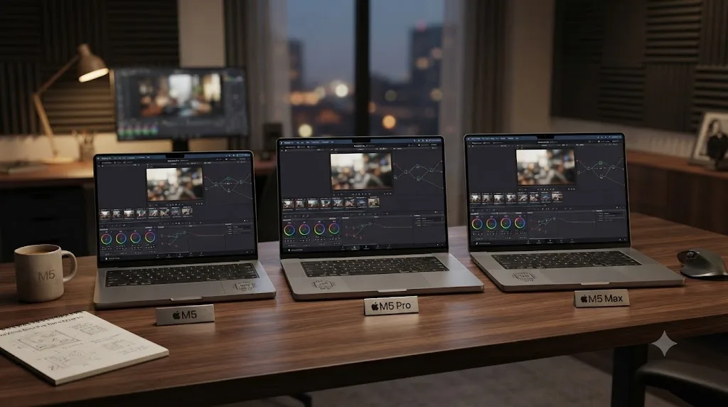 Illustration of three MacBook Pro models labeled M5, M5 Pro, and M5 Max with GPU core count badges