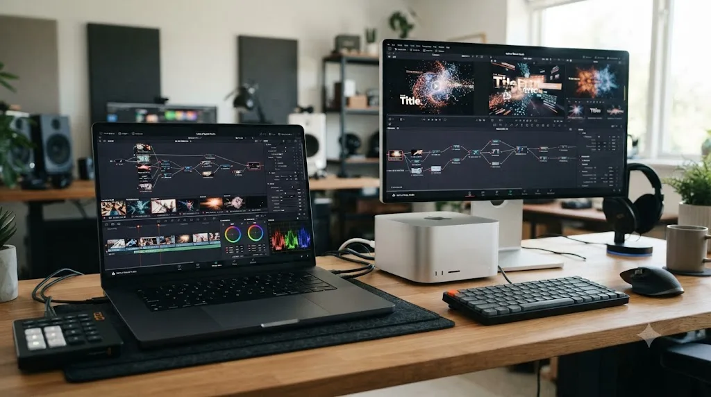 Illustration comparing an M5 MacBook Pro and a Mac Studio running different DaVinci Resolve workloads