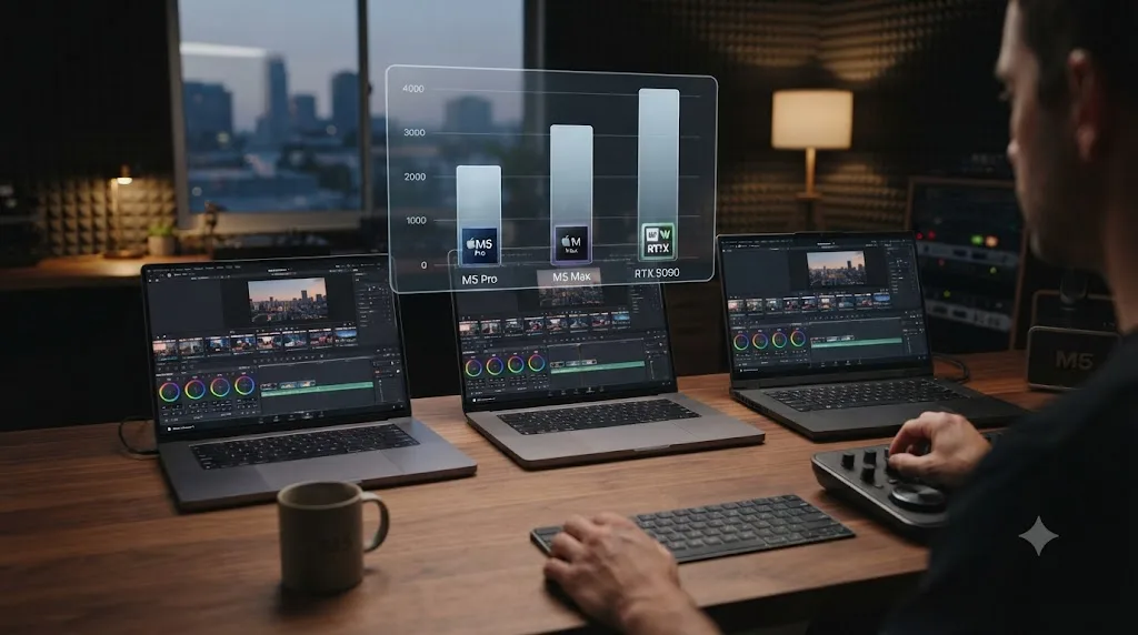 Illustration of a bar chart comparing PugetBench DaVinci Resolve scores between an M5 Pro and M5 Max MacBook Pro and a Windows RTX 5090 laptop