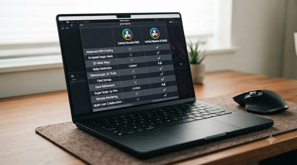 Illustration of a comparison table showing DaVinci Resolve free versus Studio features on an M5 MacBook Pro