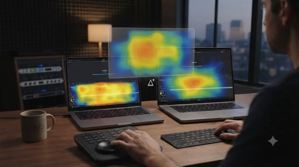 Illustration comparing heat buildup in a 14-inch versus 16-inch MacBook Pro chassis during a long DaVinci Resolve render