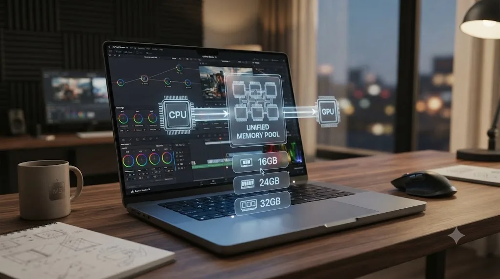 Illustration of unified memory options feeding an M5 MacBook Pro's CPU and GPU from one shared pool