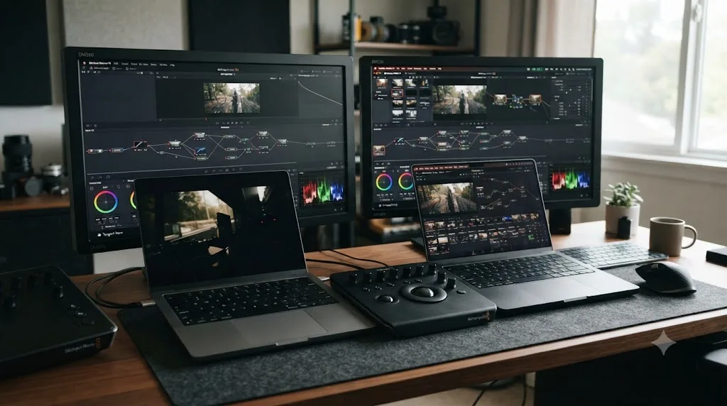 Illustration of a freelance colorist comparing an M5 Pro and M5 Max MacBook Pro for Blackmagic RAW color grading work