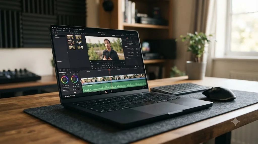 Illustration of a solo creator's desk with a base M5 MacBook Pro editing a single-camera 4K project in DaVinci Resolve