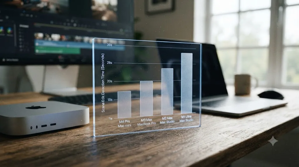 Illustration of a bar chart comparing DaVinci Resolve benchmark times across an M4 Pro Mac mini and older Apple silicon Macs